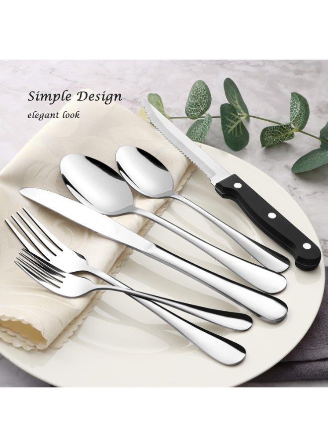 أل أيه بريشوس طقم أدوات مائدة فضية مكون من 24 قطعة مع سكاكين شرائح اللحم، طقم أدوات مائدة من الفولاذ المقاوم للصدأ لأربعة أشخاص، مصقول كالمرآة، آمن للغسل في غسالة الأطباق - Image 2